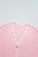 Pink Ribbed Knit Scalloped Edge Side Pockets Buttoned Cardigan