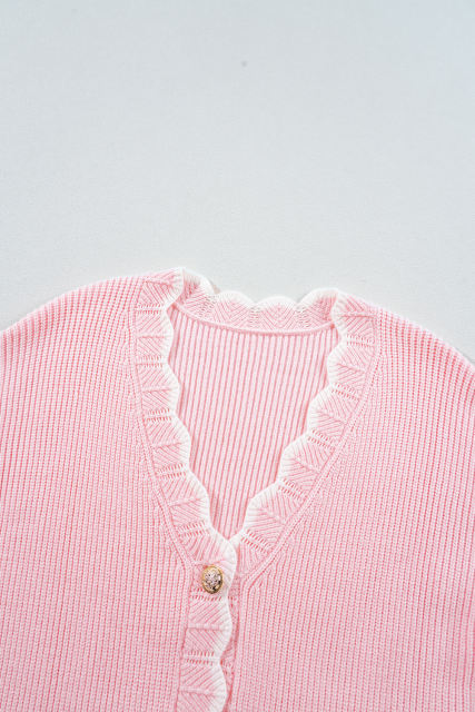 Pink Ribbed Knit Scalloped Edge Side Pockets Buttoned Cardigan