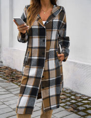 Khaki Plaid Print Buttoned Long Hooded Shacket