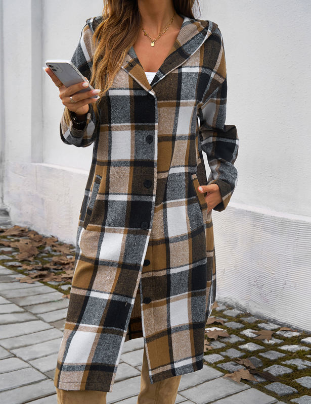 Khaki Plaid Print Buttoned Long Hooded Shacket