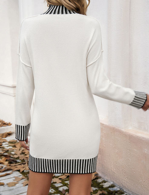 White Contrast Striped Detail High Neck Sweater Dress
