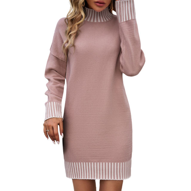 Pink Contrast Striped Detail High Neck Sweater Dress