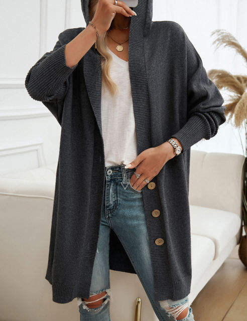 Gray Solid Color Buttoned Hooded Cardigan