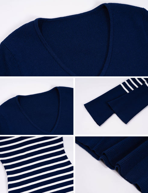 Navy Blue V Neck Slim Fit Striped Sweater Dress