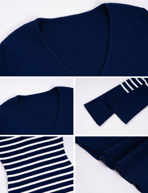 Navy Blue V Neck Slim Fit Striped Sweater Dress