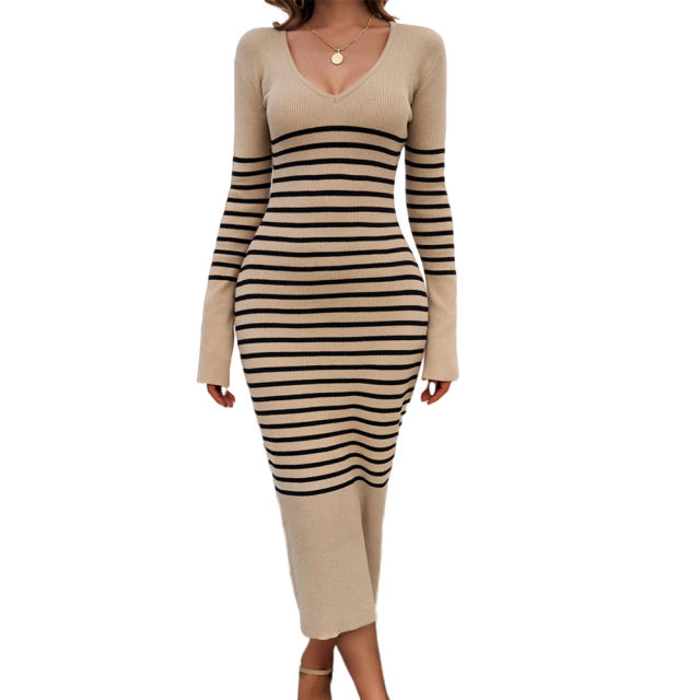 Khaki V Neck Slim Fit Striped Sweater Dress