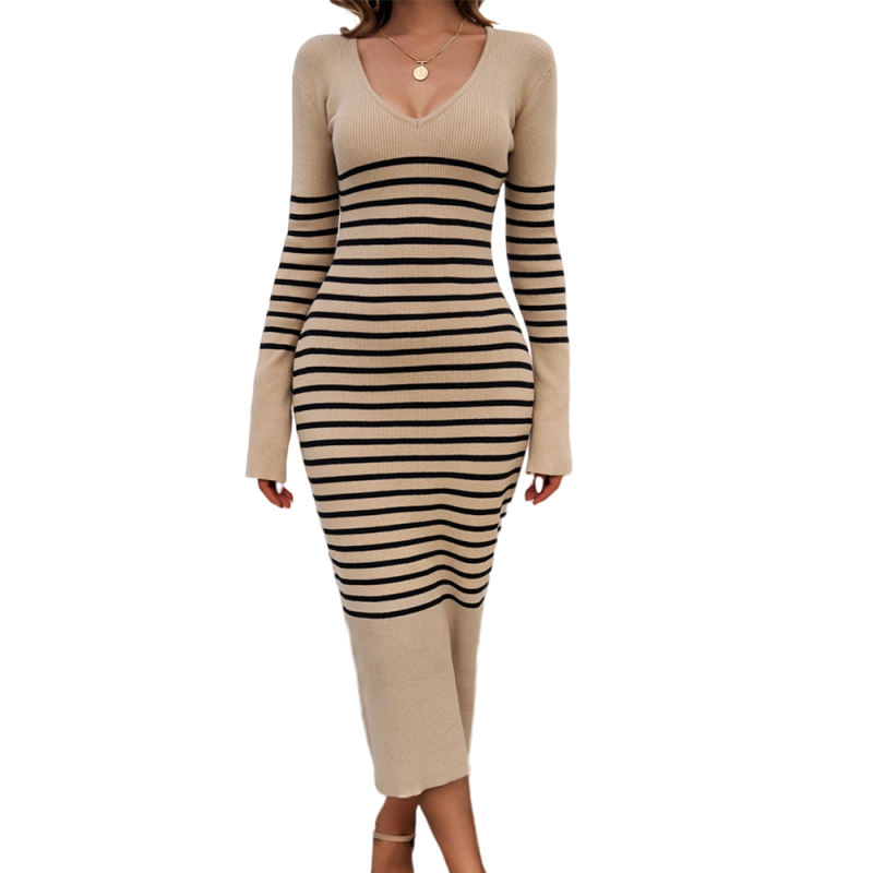 Khaki V Neck Slim Fit Striped Sweater Dress