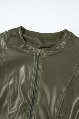 Sage Green Solid Faux Leather Zipper Slim Fit Bomber Jacket