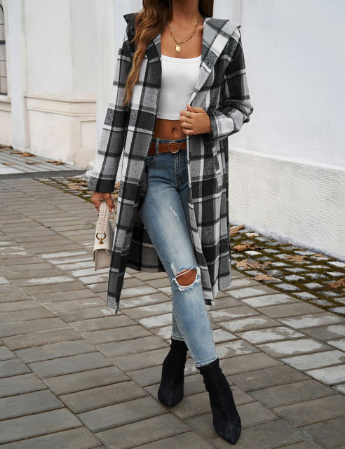 Grey Plaid Print Buttoned Long Hooded Shacket