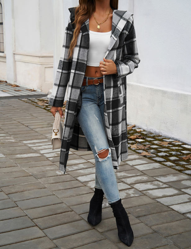 Grey Plaid Print Buttoned Long Hooded Shacket