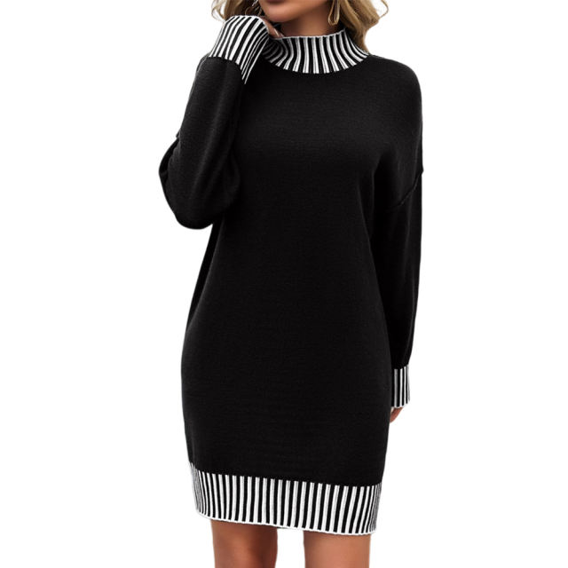 Black Contrast Striped Detail High Neck Sweater Dress