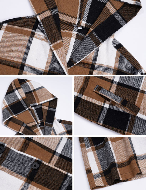 Khaki Plaid Print Buttoned Long Hooded Shacket