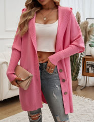 Hot Pink Solid Color Buttoned Hooded Cardigan