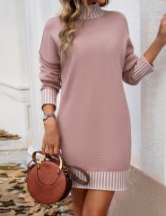 Pink Contrast Striped Detail High Neck Sweater Dress