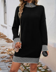 Black Contrast Striped Detail High Neck Sweater Dress