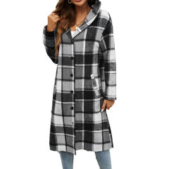 Grey Plaid Print Buttoned Long Hooded Shacket