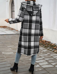 Grey Plaid Print Buttoned Long Hooded Shacket