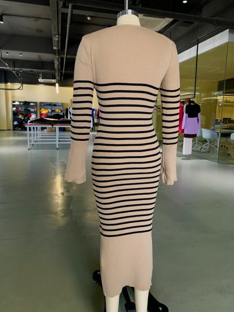 Khaki V Neck Slim Fit Striped Sweater Dress