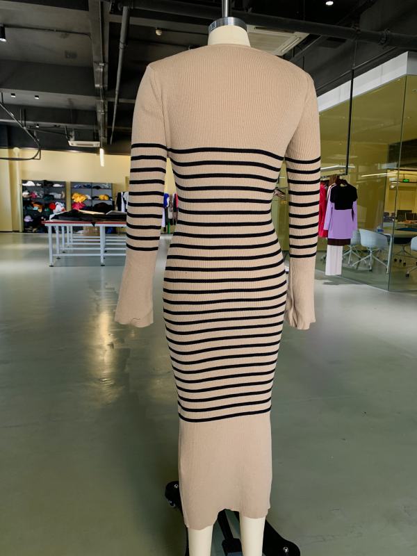Khaki V Neck Slim Fit Striped Sweater Dress