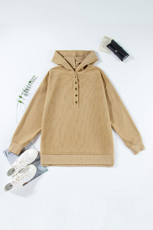 Simply Taupe Solid Ribbed Knit Buttoned Drop Shoulder Oversized Hoodie