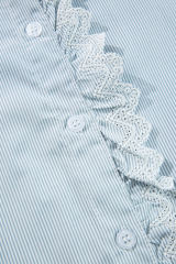 Sky Blue Stripe Frilled Trim Button Up Long Sleeve Shirt