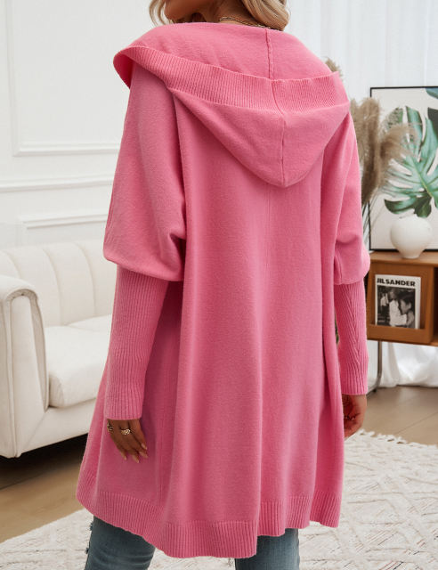 Hot Pink Solid Color Buttoned Hooded Cardigan