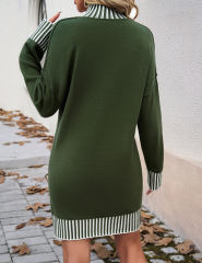 Army Green Contrast Striped Detail High Neck Sweater Dress
