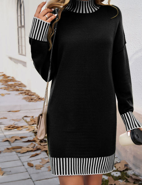 Black Contrast Striped Detail High Neck Sweater Dress