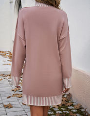 Pink Contrast Striped Detail High Neck Sweater Dress