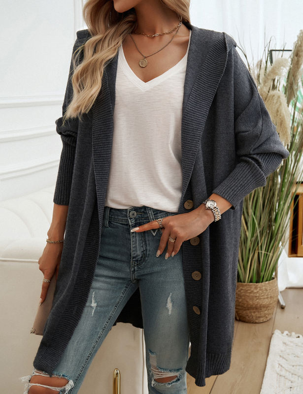 Gray Solid Color Buttoned Hooded Cardigan