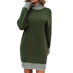 Army Green Contrast Striped Detail High Neck Sweater Dress