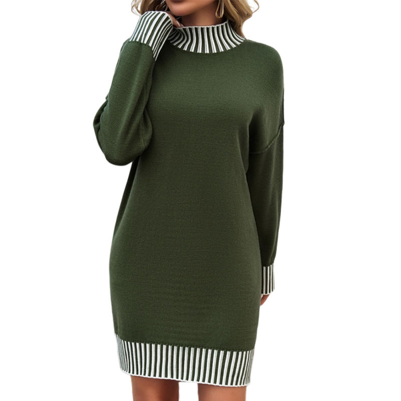 Army Green Contrast Striped Detail High Neck Sweater Dress