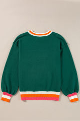Blackish Green Colorblock Striped Trim Drop Shoulder Sweater
