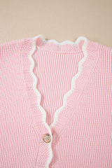 Pink Ribbed Knit Scalloped Edge Side Pockets Buttoned Cardigan