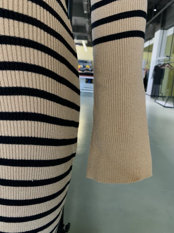 Khaki V Neck Slim Fit Striped Sweater Dress
