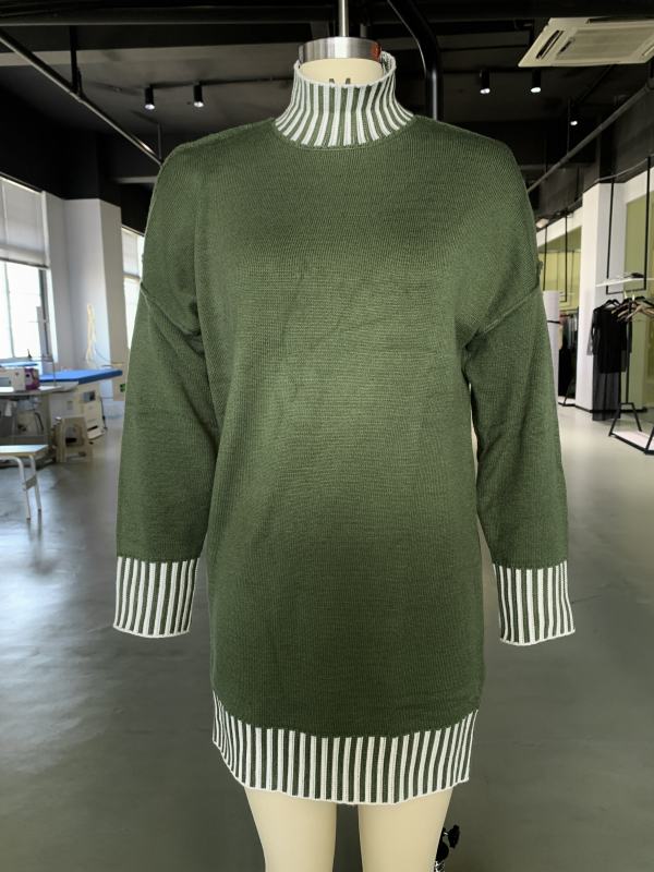 Army Green Contrast Striped Detail High Neck Sweater Dress