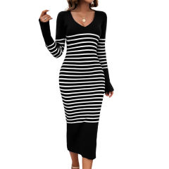 Black V Neck Slim Fit Striped Sweater Dress
