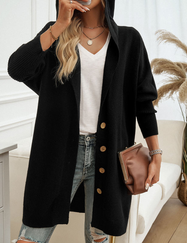 Black Solid Color Buttoned Hooded Cardigan