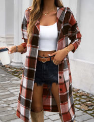 Brown Plaid Print Buttoned Long Hooded Shacket