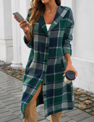 Green Plaid Print Buttoned Long Hooded Shacket