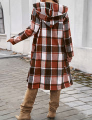 Brown Plaid Print Buttoned Long Hooded Shacket