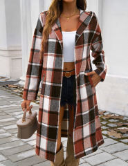 Brown Plaid Print Buttoned Long Hooded Shacket
