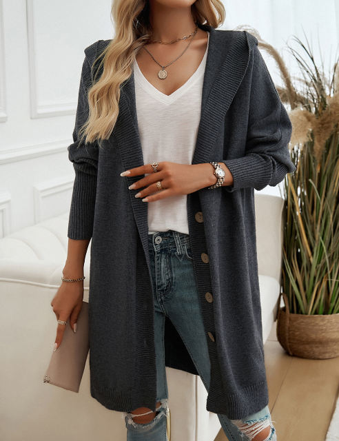 Gray Solid Color Buttoned Hooded Cardigan