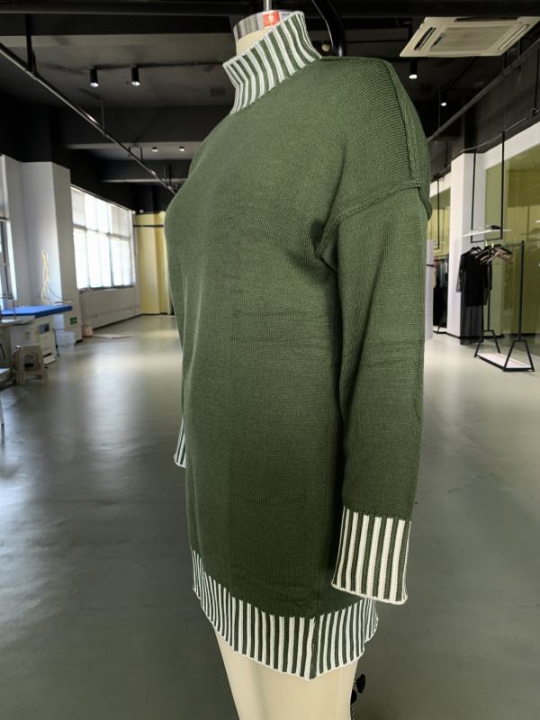 Army Green Contrast Striped Detail High Neck Sweater Dress