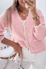 Pink Ribbed Knit Scalloped Edge Side Pockets Buttoned Cardigan