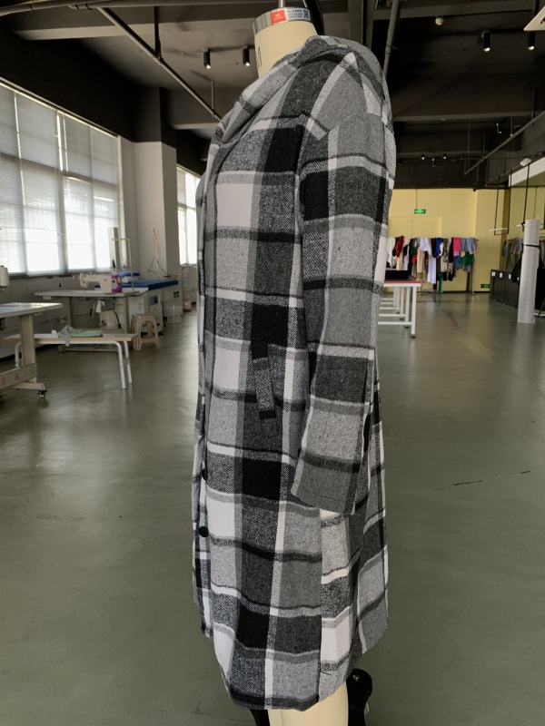 Grey Plaid Print Buttoned Long Hooded Shacket