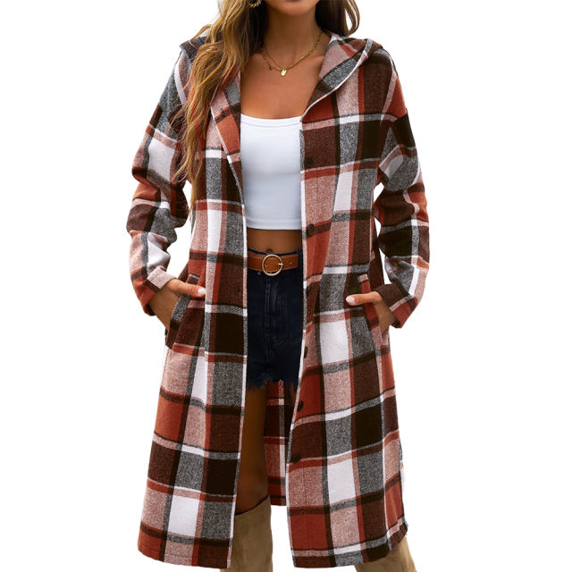 Brown Plaid Print Buttoned Long Hooded Shacket