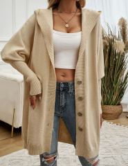 Apricot Solid Color Buttoned Hooded Cardigan