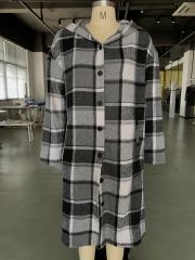 Grey Plaid Print Buttoned Long Hooded Shacket