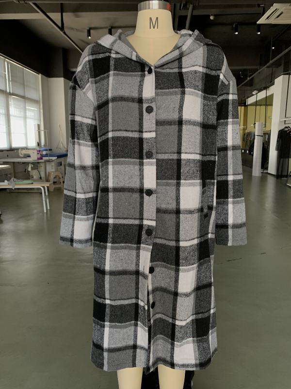 Grey Plaid Print Buttoned Long Hooded Shacket